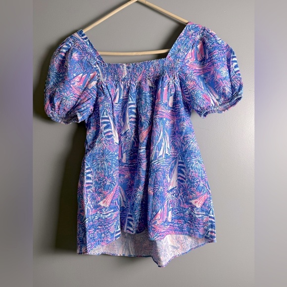 Lilly Pulitzer NWT Linen Sz 2 Keating Top Oca Blue Its a Sailabration 15" PTP - Picture 9 of 9